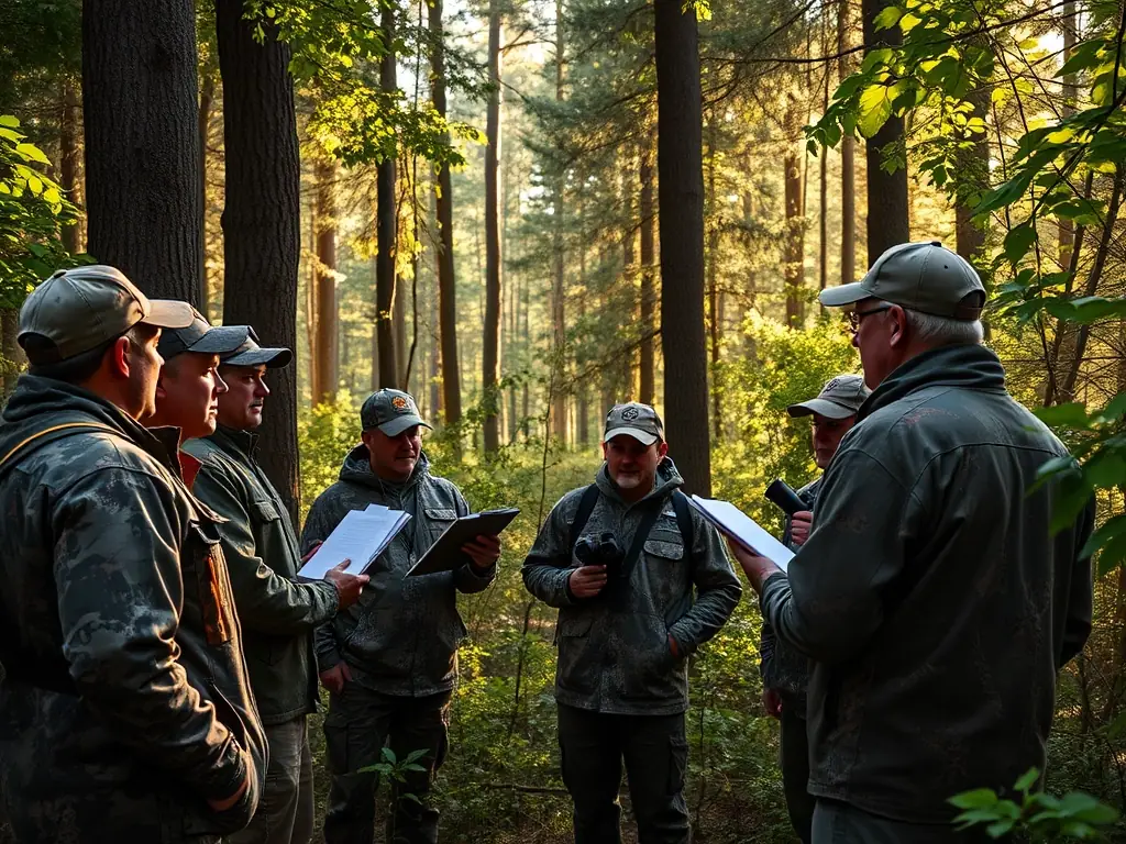 A group of young hunters participating in an educational program, learning about responsible hunting practices and wildlife management from experienced instructors.